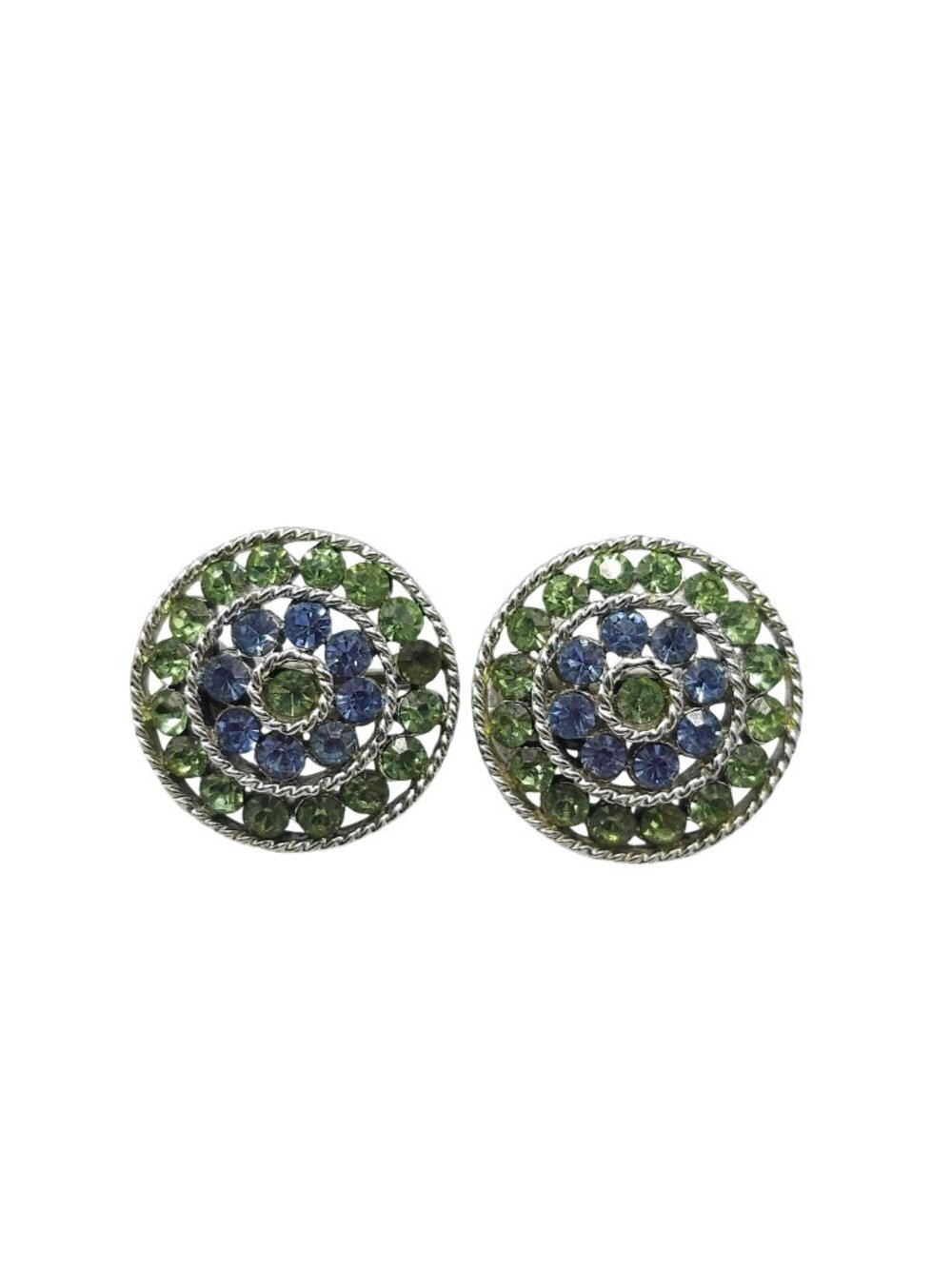 Vintage Lisner Green Blue Rhinestone Circular Clip-On Earrings Silver-Tone